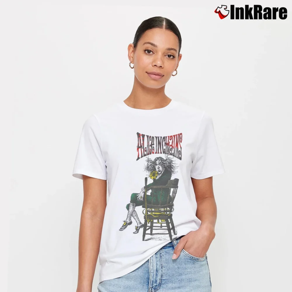 Women’s 1992 Alice In Chains Angry Chair Grunge Rock Signature T-Shirt in white | Soft, Flattering Fit