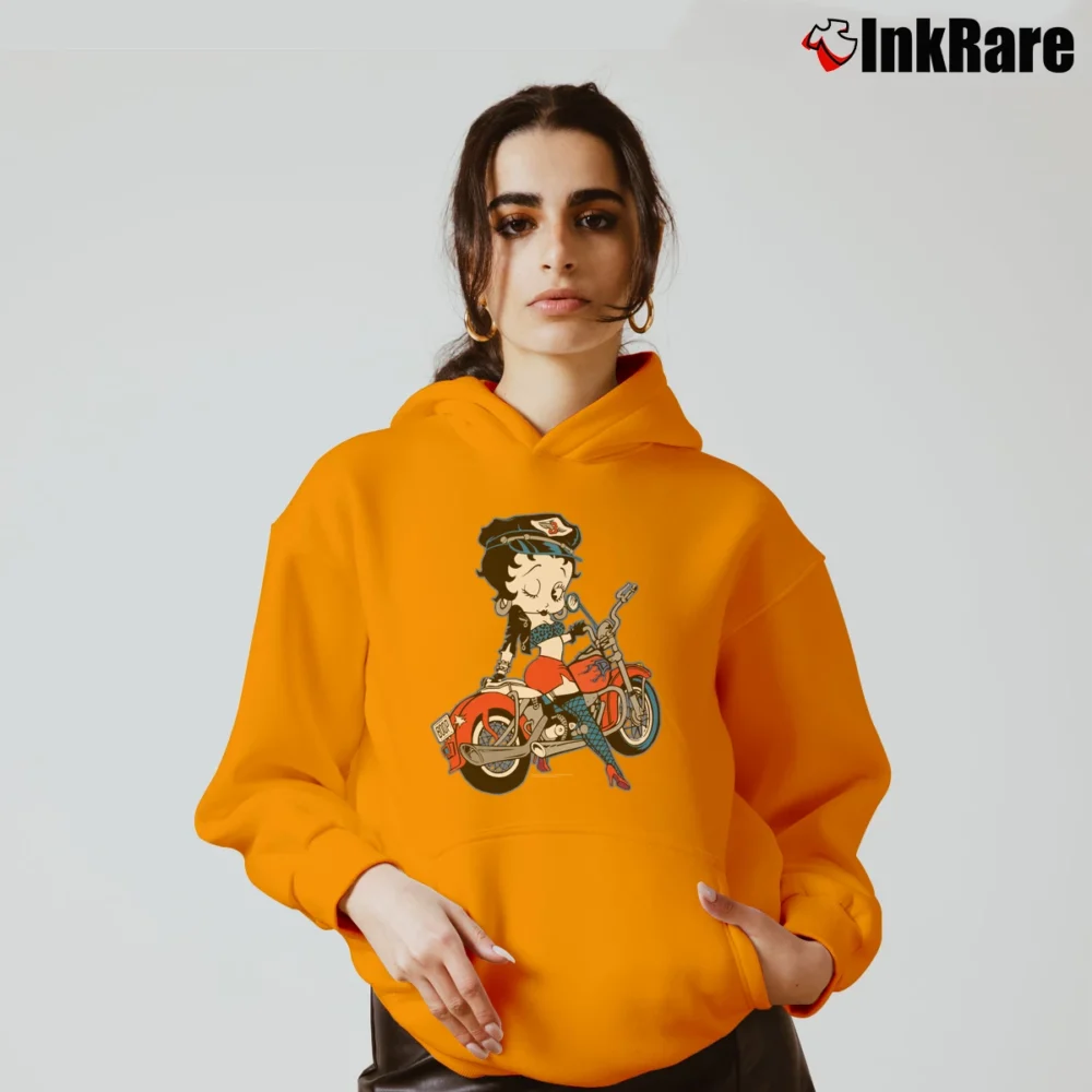 Women’s 1992 Betty Boop Motorcycle Biker Cartoon Cozy Hoodie in orange | Warm, Structured, Stylish
