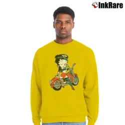 Men’s 1992 Betty Boop Motorcycle Biker Cartoon Crewneck Sweatshirt in yellow | Cozy Fabric, Clean Style