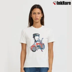 Women’s 1992 Betty Boop Motorcycle Biker Cartoon Signature T-Shirt in white | Soft, Flattering Fit