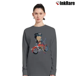 Women’s 1992 Betty Boop Motorcycle Cartoon Long-Sleeve Top in charcoal | Sleek, Versatile, All-Season