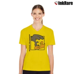 Women’s 1992 Road Runner Looney Tunes Cartoon V-Neck Tee in yellow | Chic Neckline, Soft Texture