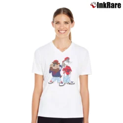 Women’s 1992 Taz Bugs Hip Hop Looney Tunes V-Neck Tee in white | Chic Neckline, Soft Texture