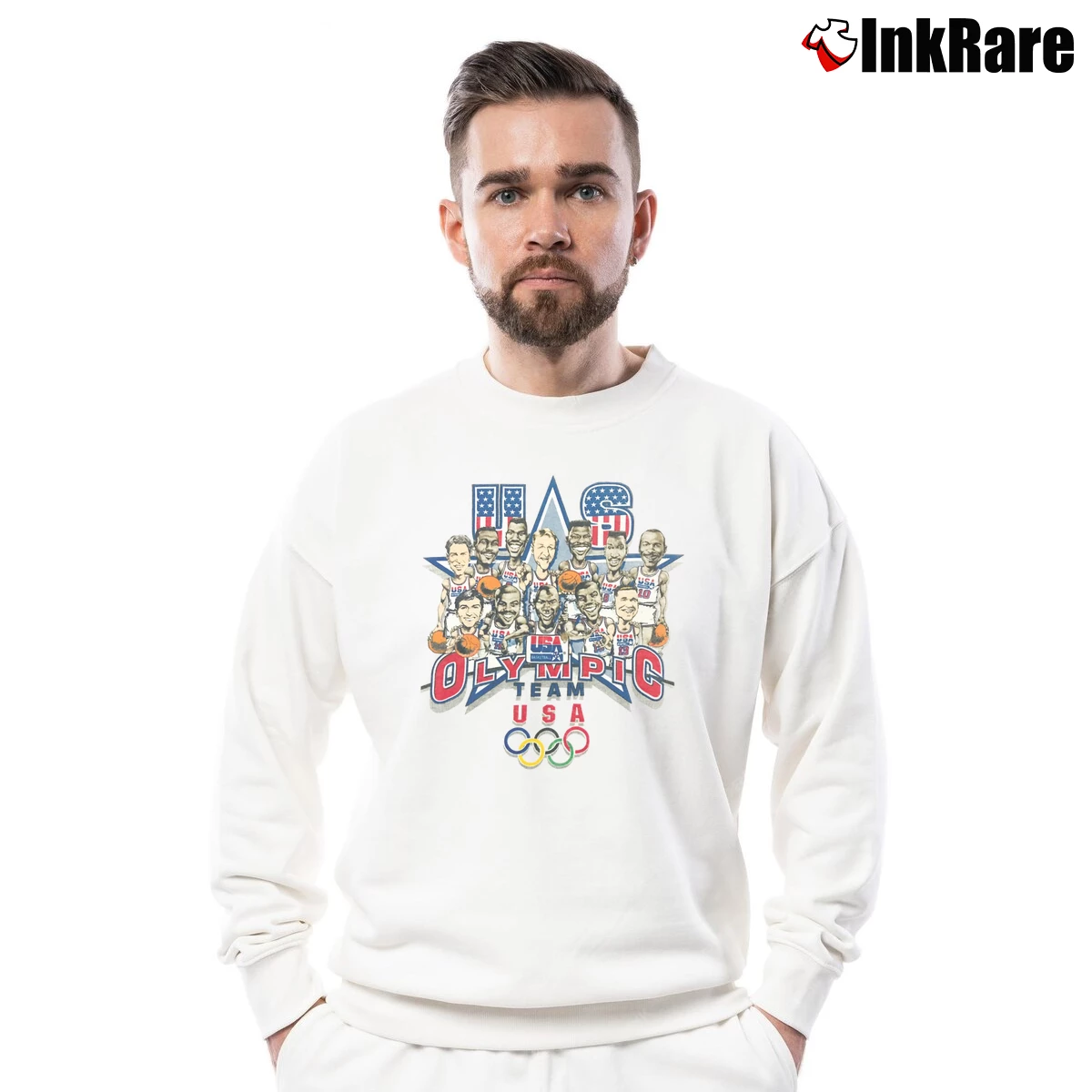 Men’s 1992 USA Olympics Dream Team NBA Basketball Cartoon Crewneck Sweatshirt in white | Cozy Fabric, Clean Style