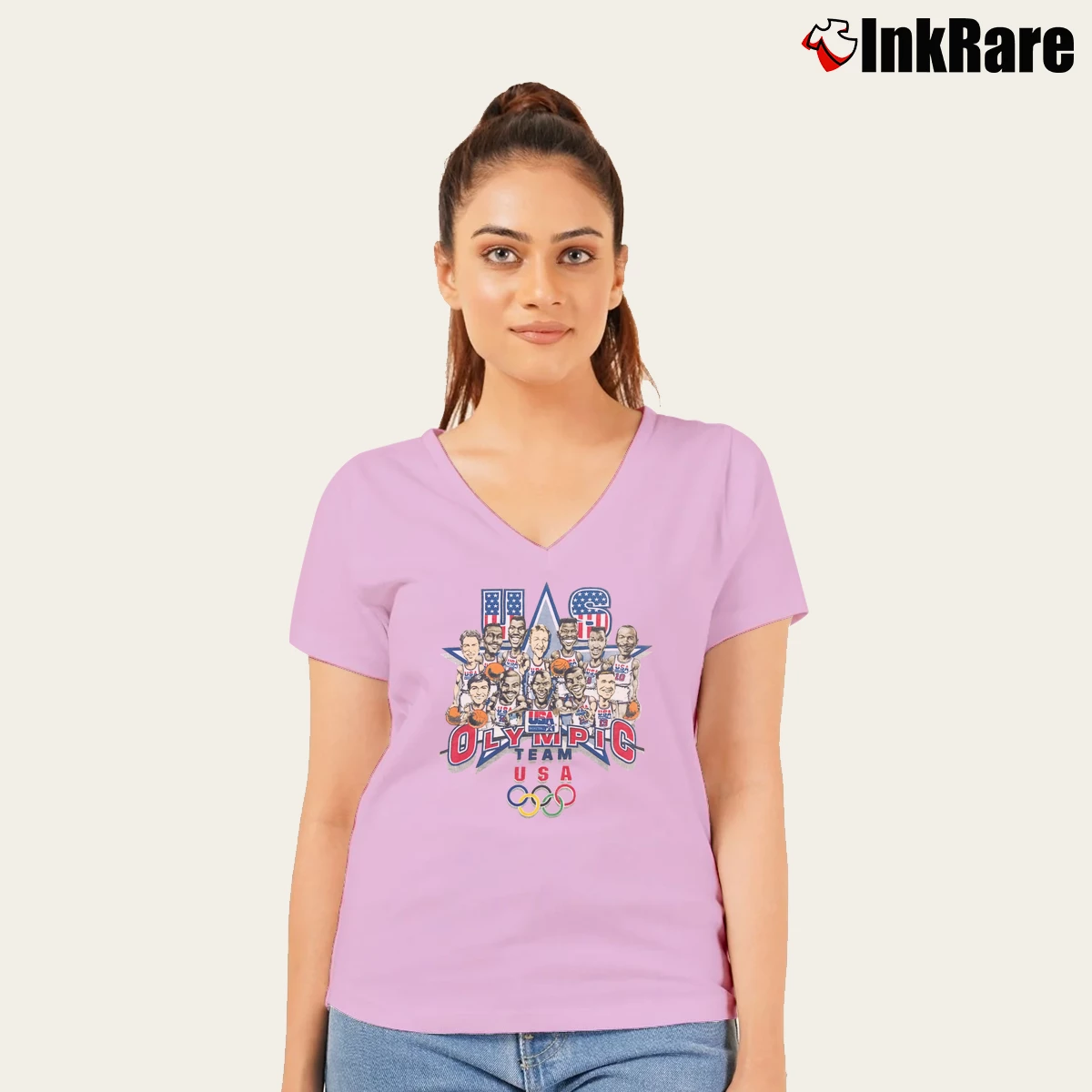 Women’s 1992 USA Olympics Dream Team NBA Basketball Cartoon V-Neck Tee in light pink | Chic Neckline, Soft Texture