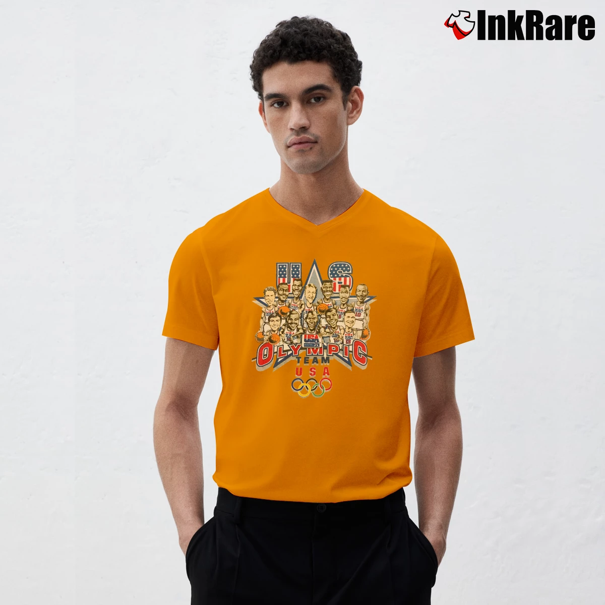 Men’s 1992 USA Olympics Dream Team NBA Basketball Cartoon V-Neck Tee in orange | Sharp, Breathable, Everyday Staple