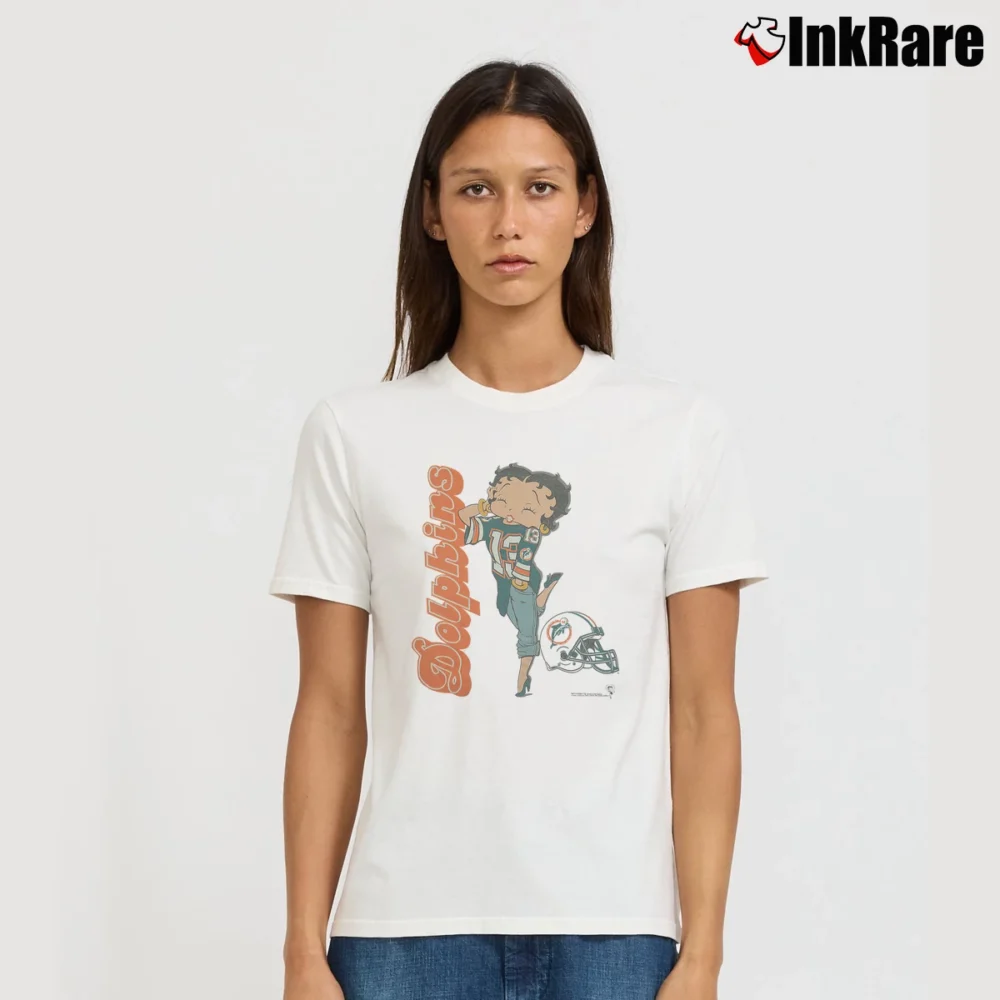 Women’s 1993 Betty Boop Miami Dolphins NFL Football Signature T-Shirt in white | Soft, Flattering Fit