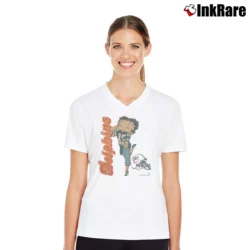 Women’s 1993 Betty Boop Miami Dolphins NFL Football V-Neck Tee in white | Chic Neckline, Soft Texture
