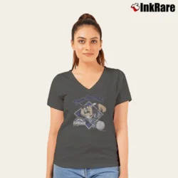 Women’s 1993 Colorado Rockies Taz Down The Pike Looney Tunes World Series V-Neck Tee in charcoal | Chic Neckline, Soft Texture
