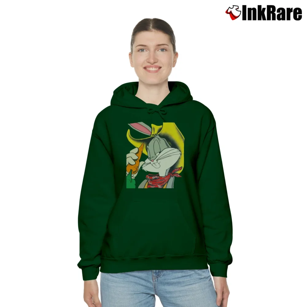 Women’s 1993 Cowboy Bugs Bunny Looney Tunes Big Face Cozy Hoodie in forest green | Warm, Structured, Stylish