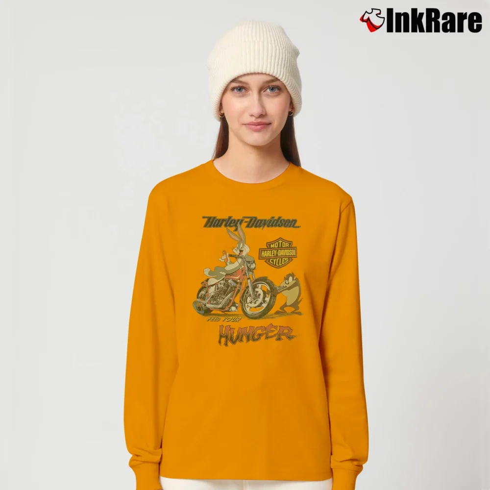 Women’s 1993 Looney Tunes Bugs Bunny Taz Harley Davidson Biker Long-Sleeve Top in orange | Sleek, Versatile, All-Season