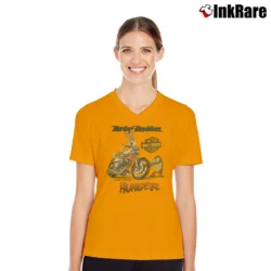 Women’s 1993 Looney Tunes Bugs Bunny Taz Harley Davidson Biker V-Neck Tee in orange | Chic Neckline, Soft Texture