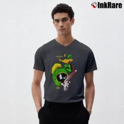 Men’s 1993 Marvin The Martian Duck Dodgers Daffy Looney Tunes V-Neck Tee in charcoal | Sharp, Breathable, Everyday Staple