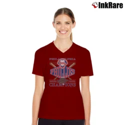 Women’s 1993 Philadelphia Phillies National League Champions V-Neck Tee in maroon | Chic Neckline, Soft Texture