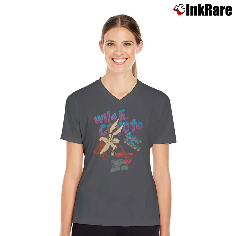 Women’s 1993 Wile E Coyote Looney Tunes Acme TNT V-Neck Tee in charcoal | Chic Neckline, Soft Texture