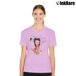 Women’s 1994 Betty Boop Halloween Elvira Costume V-Neck Tee in light pink | Chic Neckline, Soft Texture