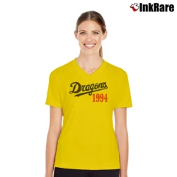 Women’s 1994 Dragons Doala Baseball Team V-Neck Tee in yellow | Chic Neckline, Soft Texture