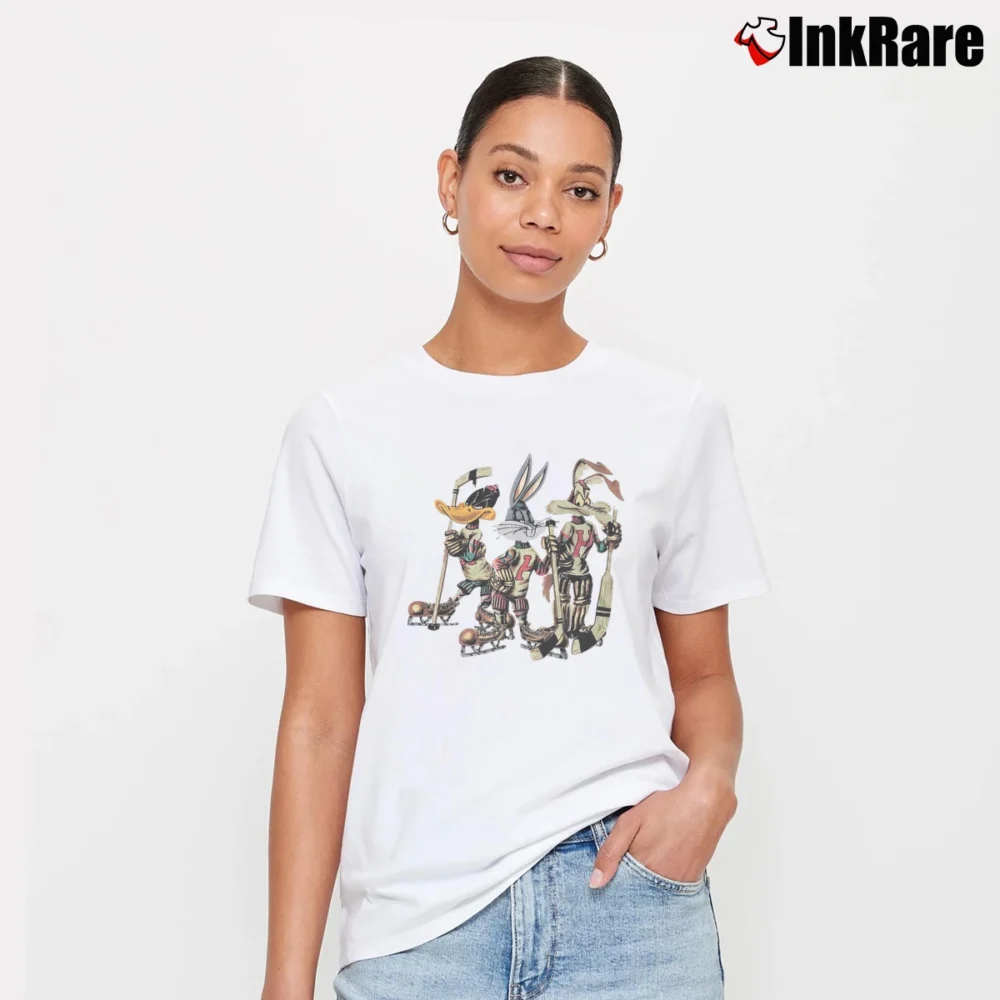 Women’s 1994 Old Time Hockey Looney Tunes Daffy Duck Bugs Bunny Signature T-Shirt in white | Soft, Flattering Fit