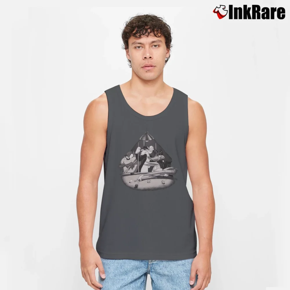 Men’s 1994 Taz Bugs Bunny Sylvester Billiards Looney Tunes Tank Top in charcoal | Breathable, Active-Friendly Design