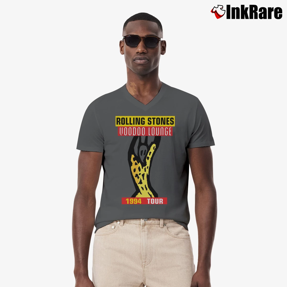 Men’s 1994 The Rolling Stones Voodoo Lounge Tour V-Neck Tee in charcoal | Sharp, Breathable, Everyday Staple