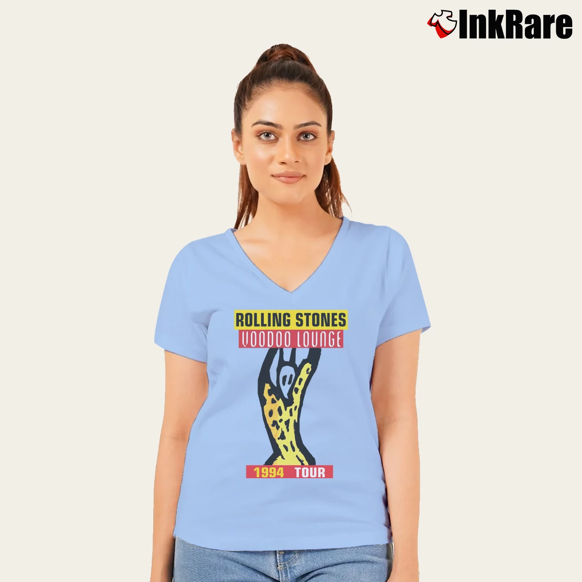 Women’s 1994 The Rolling Stones Voodoo Lounge Tour V-Neck Tee in light blue | Chic Neckline, Soft Texture