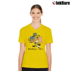 Women’s 1994 USA World Cup Soccer Striker Mascot Fan V-Neck Tee in yellow | Chic Neckline, Soft Texture