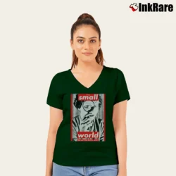 Women’s 1995 Barbara Kruger Small World V-Neck Tee in forest green | Chic Neckline, Soft Texture