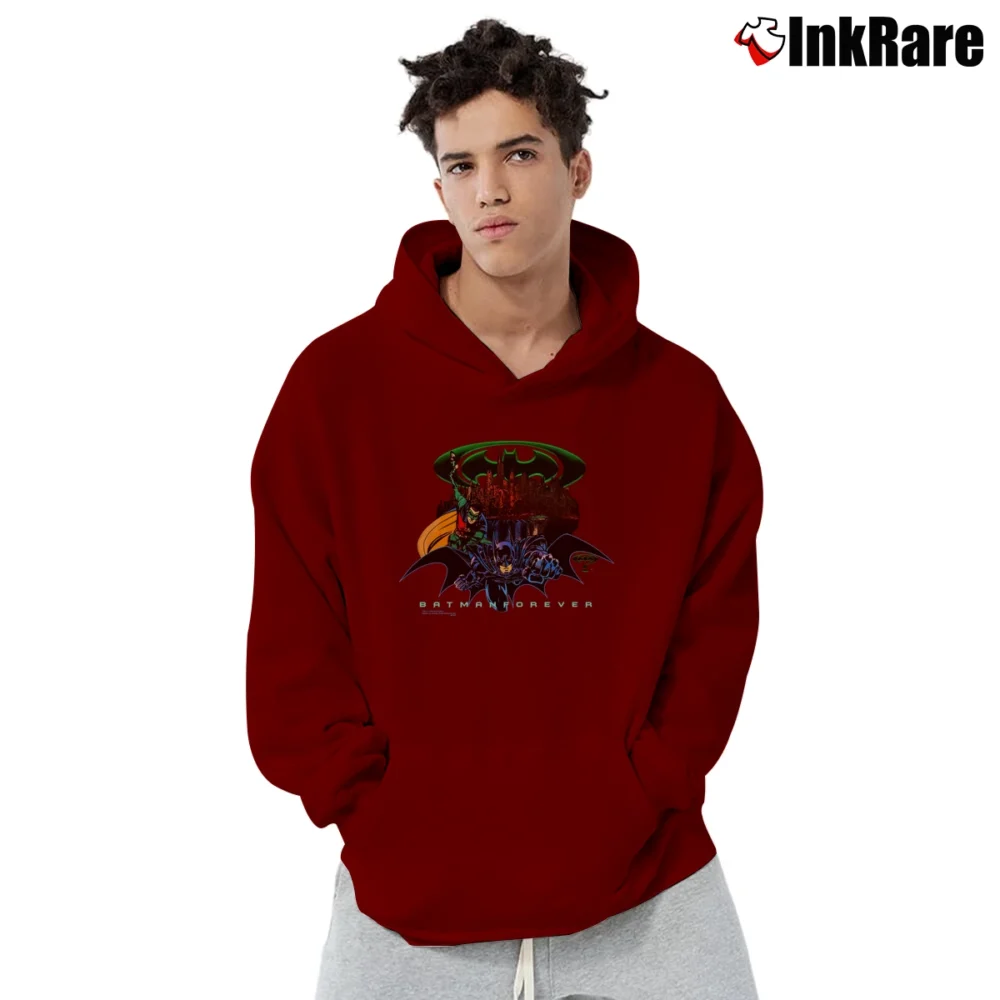 Men’s 1995 Batman Forever Vintage Movie Pullover Hoodie in maroon | Cozy, Durable, Modern Fit
