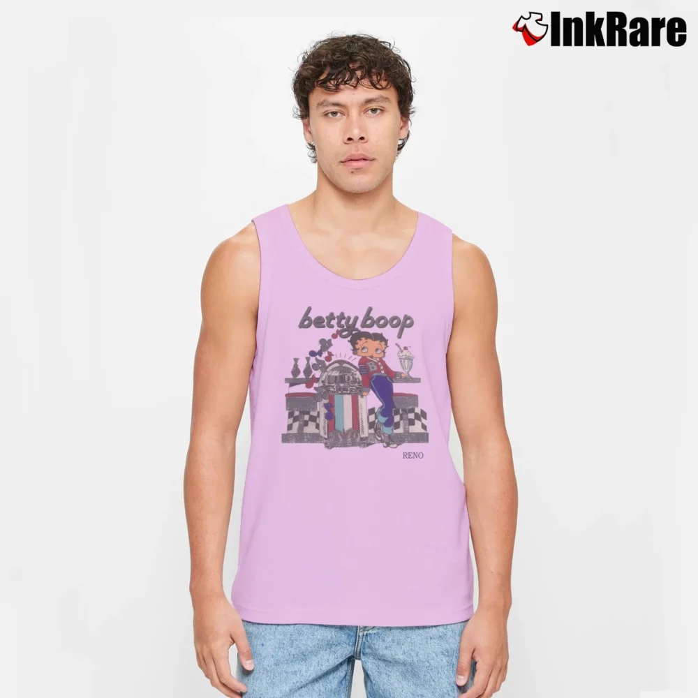Men’s 1995 Betty Boop Mels Diner Retro Cartoon Tank Top in light pink | Breathable, Active-Friendly Design