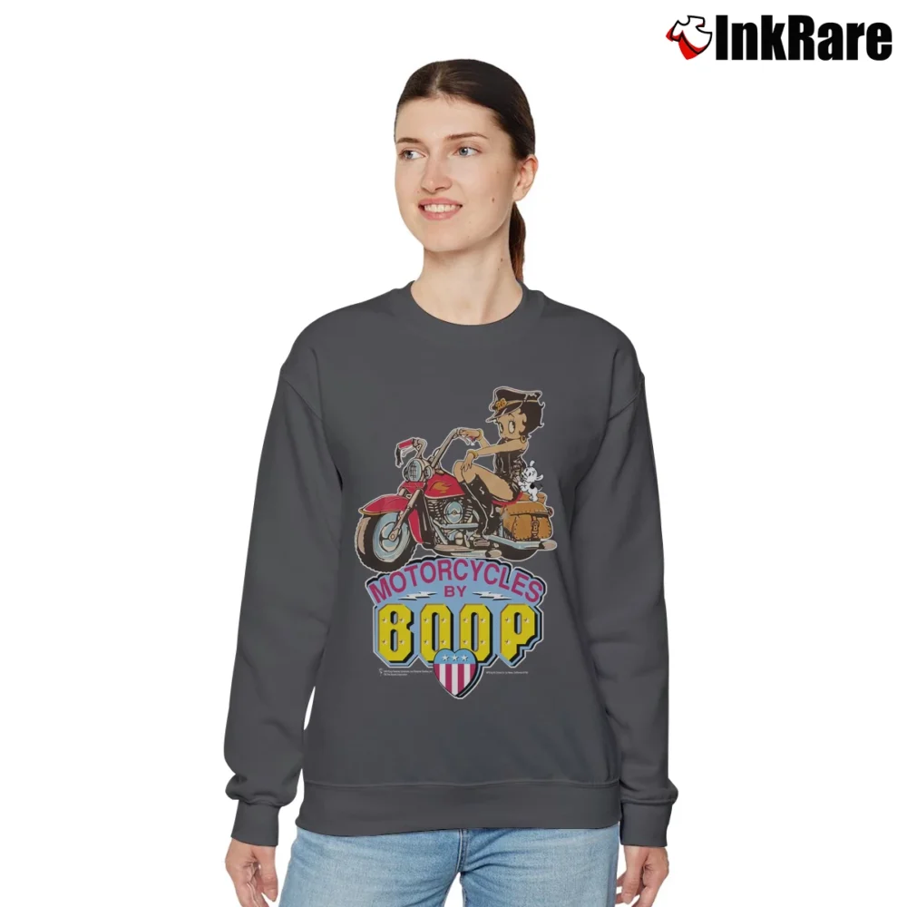 Women’s 1995 Betty Boop Motorcycle Dark Blue Graphic Relaxed Sweatshirt in charcoal | Soft, Laid-Back Vibe