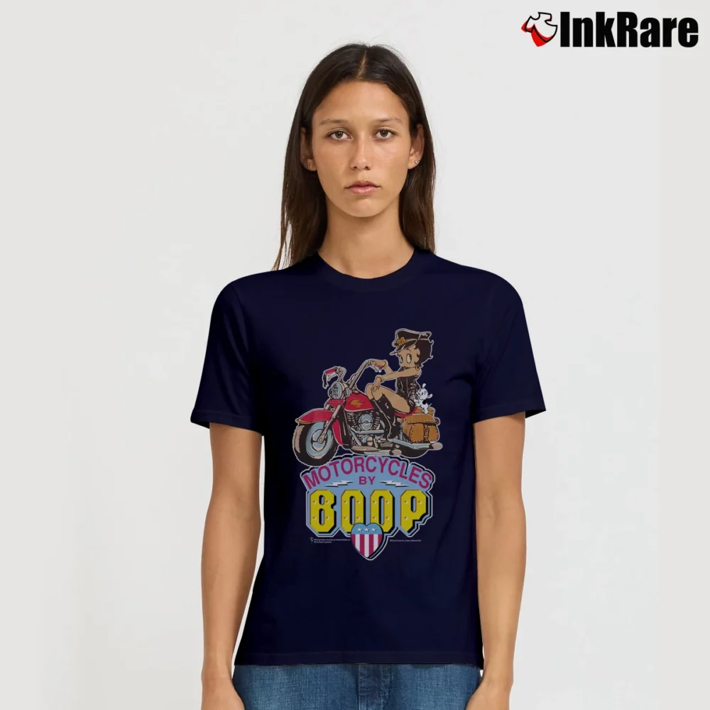 Women’s 1995 Betty Boop Motorcycle Dark Blue Graphic Signature T-Shirt in navy | Soft, Flattering Fit