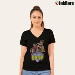 Women’s 1995 Betty Boop Motorcycle Dark Blue Graphic V-Neck Tee in black | Chic Neckline, Soft Texture