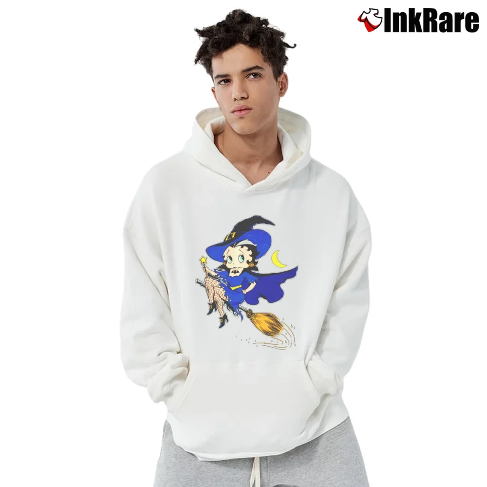 Men’s 1995 Betty Boop Witch Flying Broom Halloween Cartoon Pullover Hoodie in white | Cozy, Durable, Modern Fit