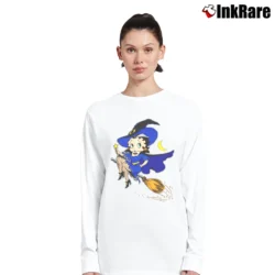 Women’s 1995 Betty Boop Witch Flying Broom Halloween Cartoon Long-Sleeve Top in white | Sleek, Versatile, All-Season