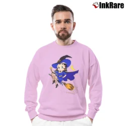 Men’s 1995 Betty Boop Witch Flying Broom Halloween Cartoon Crewneck Sweatshirt in light pink | Cozy Fabric, Clean Style
