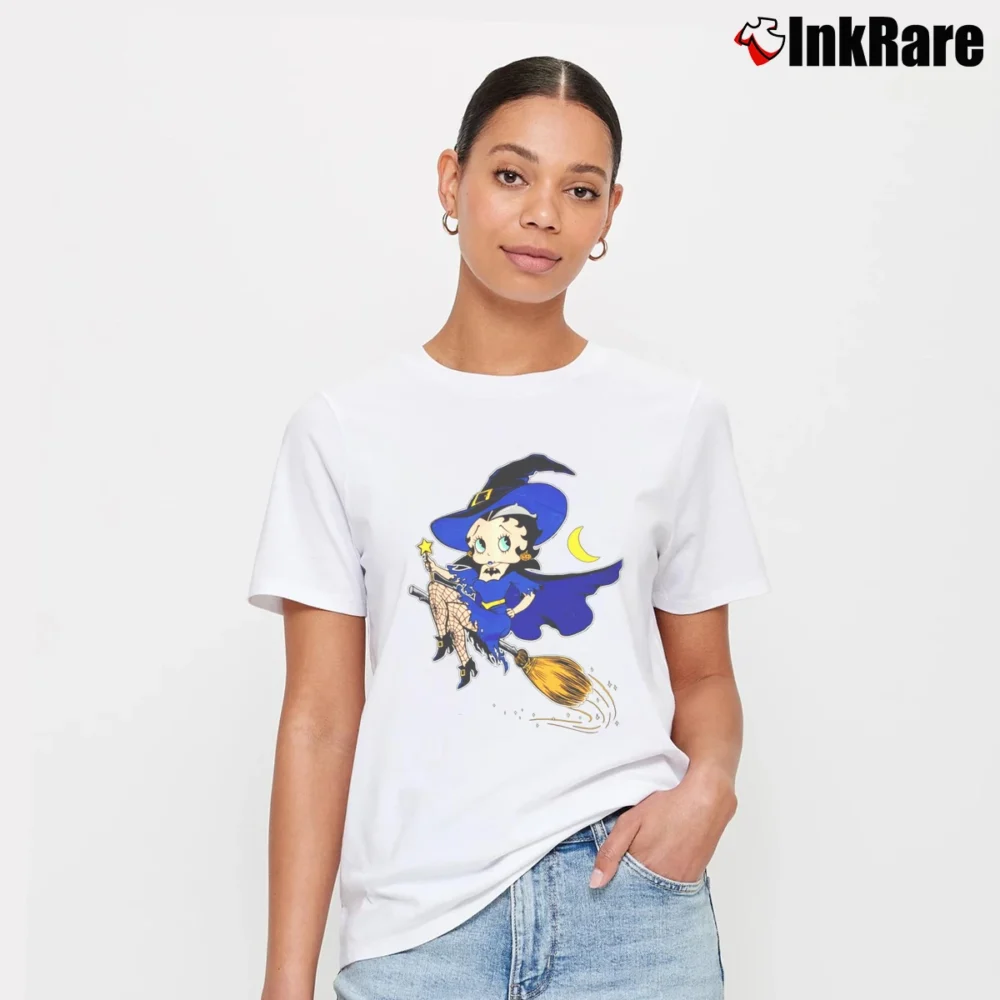 Women’s 1995 Betty Boop Witch Flying Broom Halloween Cartoon Signature T-Shirt in white | Soft, Flattering Fit