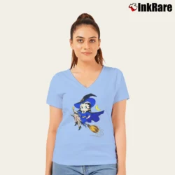 Women’s 1995 Betty Boop Witch Flying Broom Halloween Cartoon V-Neck Tee in light blue | Chic Neckline, Soft Texture