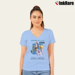 Women’s 1995 Game Freak Pokemon Retro Cartoon Classic V-Neck Tee in light blue | Chic Neckline, Soft Texture