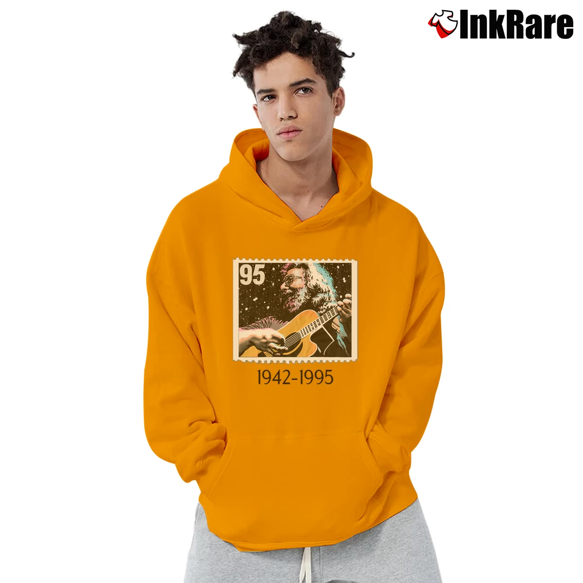 Men’s 1995 Jerry Garcia Stamp Grateful Dead Phish Stoner Hippie San Francisco Pullover Hoodie in orange | Cozy, Durable, Modern Fit