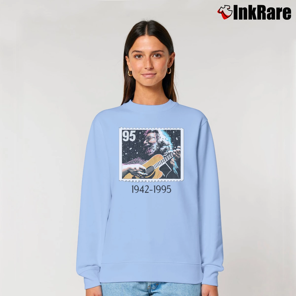 Women’s 1995 Jerry Garcia Stamp Grateful Dead Phish Stoner Hippie San Francisco Relaxed Sweatshirt in light blue | Soft, Laid-Back Vibe