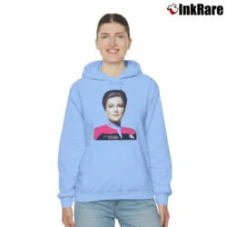 Women’s 1995 Star Trek Captain Kathryn Janeway Sci Fi Graphic Cozy Hoodie in light blue | Warm, Structured, Stylish