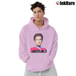 Men’s 1995 Star Trek Captain Kathryn Janeway Sci Fi Graphic Pullover Hoodie in light pink | Cozy, Durable, Modern Fit