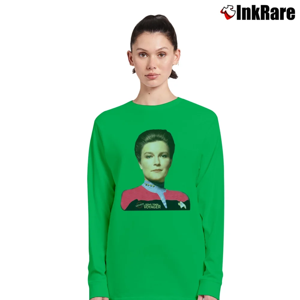 Women’s 1995 Star Trek Captain Kathryn Janeway Sci Fi Graphic Long-Sleeve Top in irish green | Sleek, Versatile, All-Season
