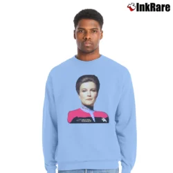 Men’s 1995 Star Trek Captain Kathryn Janeway Sci Fi Graphic Crewneck Sweatshirt in light blue | Cozy Fabric, Clean Style