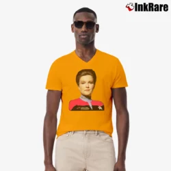 Men’s 1995 Star Trek Captain Kathryn Janeway Sci Fi Graphic V-Neck Tee in orange | Sharp, Breathable, Everyday Staple