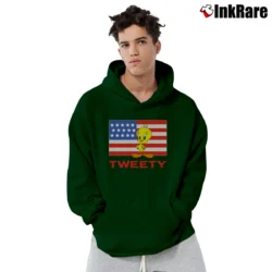 Men’s 1995 Tweety Bird Looney Tunes American Flag Pullover Hoodie in forest green | Cozy, Durable, Modern Fit