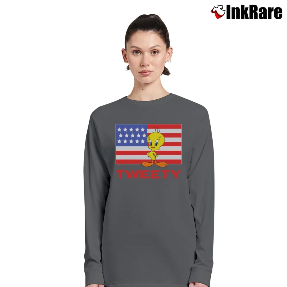 Women’s 1995 Tweety Bird Looney Tunes American Flag Long-Sleeve Top in charcoal | Sleek, Versatile, All-Season