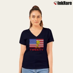 Women’s 1995 Tweety Bird Looney Tunes American Flag V-Neck Tee in navy | Chic Neckline, Soft Texture