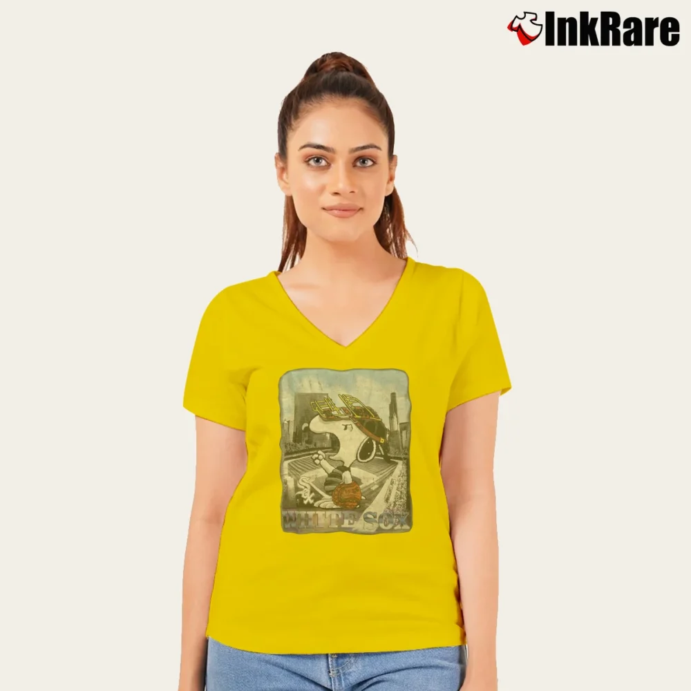 Women’s 1995 White Sox Snoopy MLB Baseball V-Neck Tee in yellow | Chic Neckline, Soft Texture
