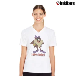 Women’s 1996 100% Babe Taz Looney Tunes Cartoon V-Neck Tee in white | Chic Neckline, Soft Texture
